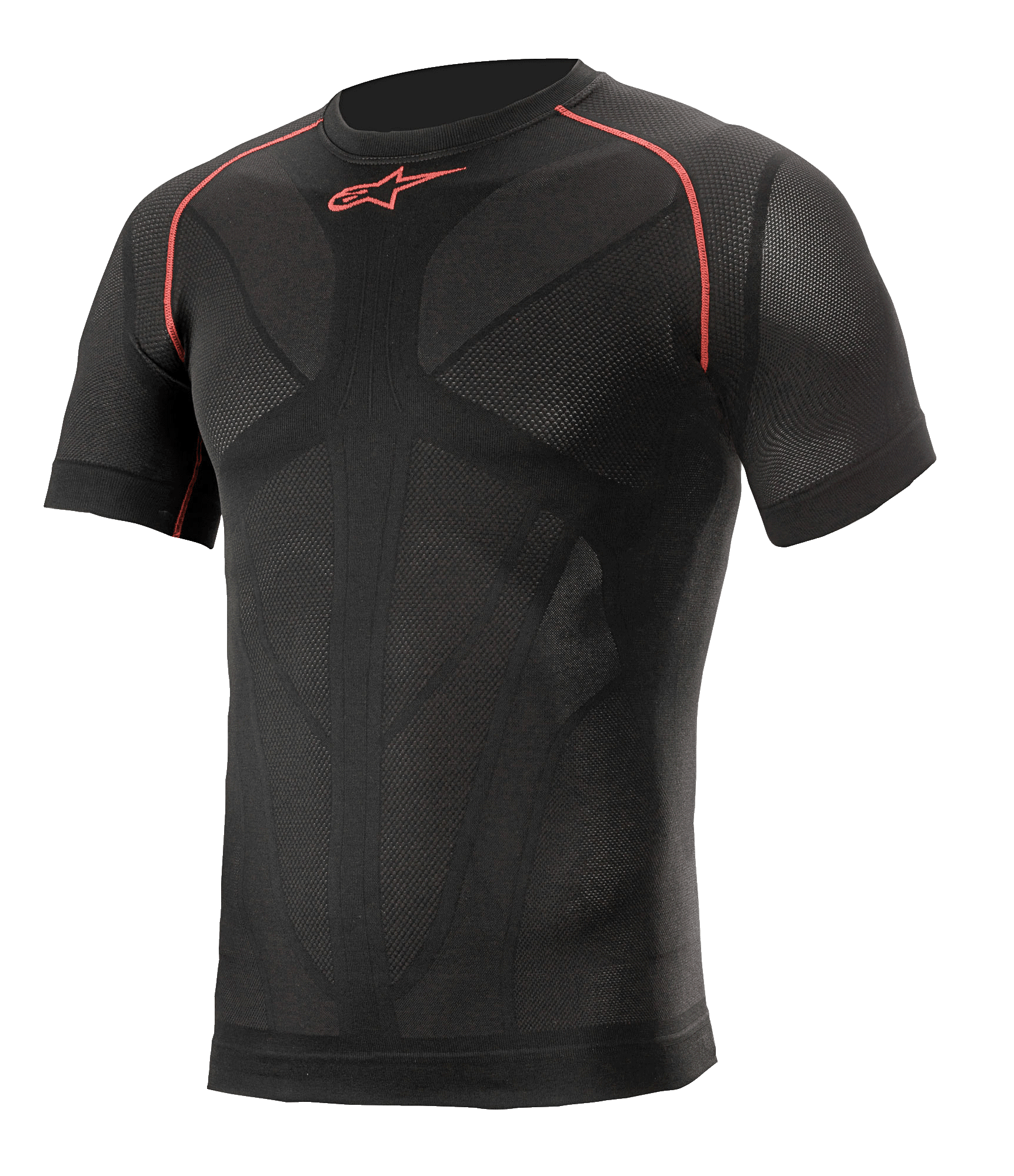 Alpinestars Ride Tech V2 Top Short Sleeve Summer, noir avec accents rouges, haut technique de moto à manches courtes, coupe de compression avec panneaux de ventilation en mesh cartographiés, vêtement technique de performance pour la route et la piste en été