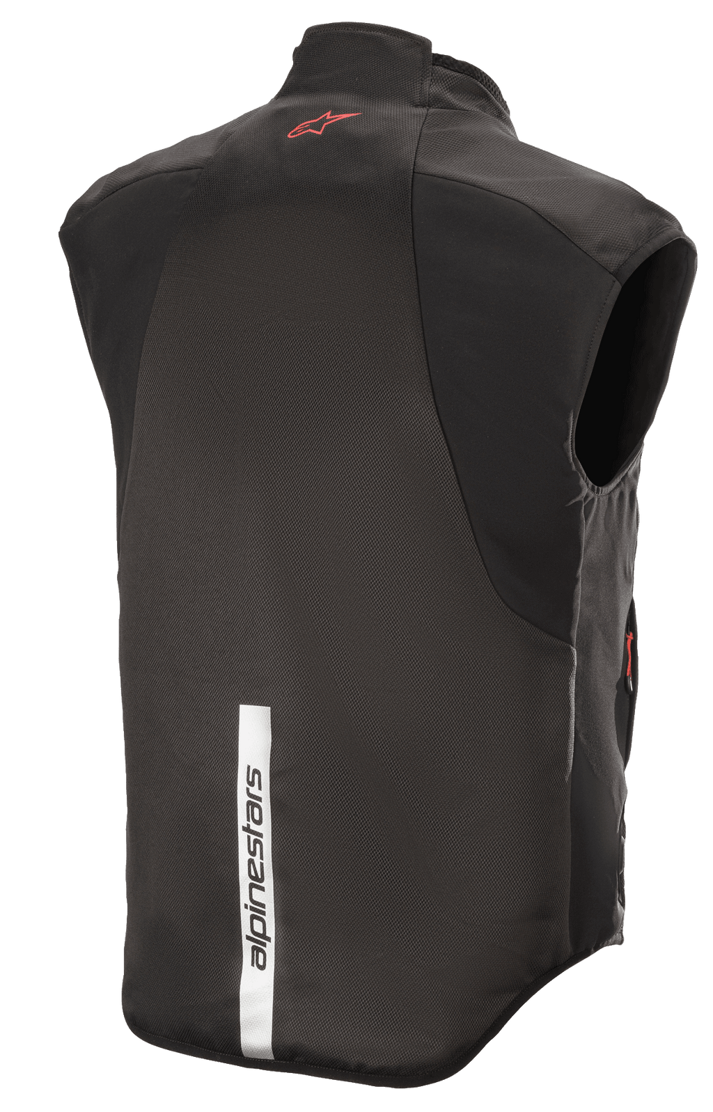 Gilet Alpinestars HT Heat Tech, Noir, vue arrière présentant un logo Astars rouge sur le haut du dos et une bande réfléchissante blanche verticale avec le marquage Alpinestars sur le bas du dos, sous-couche chauffante de moto