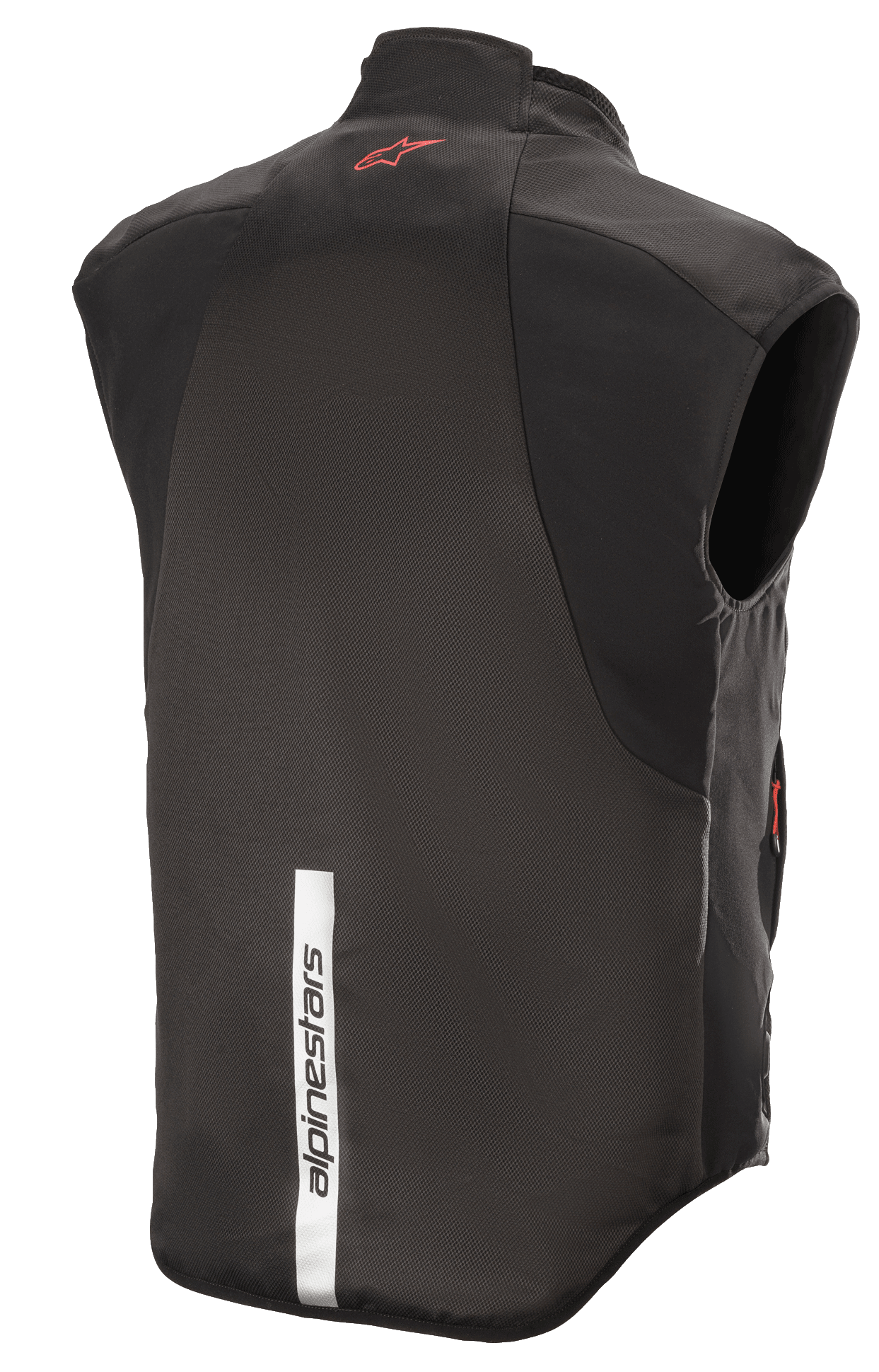 Gilet Alpinestars HT Heat Tech, Noir, vue arrière présentant un logo Astars rouge sur le haut du dos et une bande réfléchissante blanche verticale avec le marquage Alpinestars sur le bas du dos, sous-couche chauffante de moto