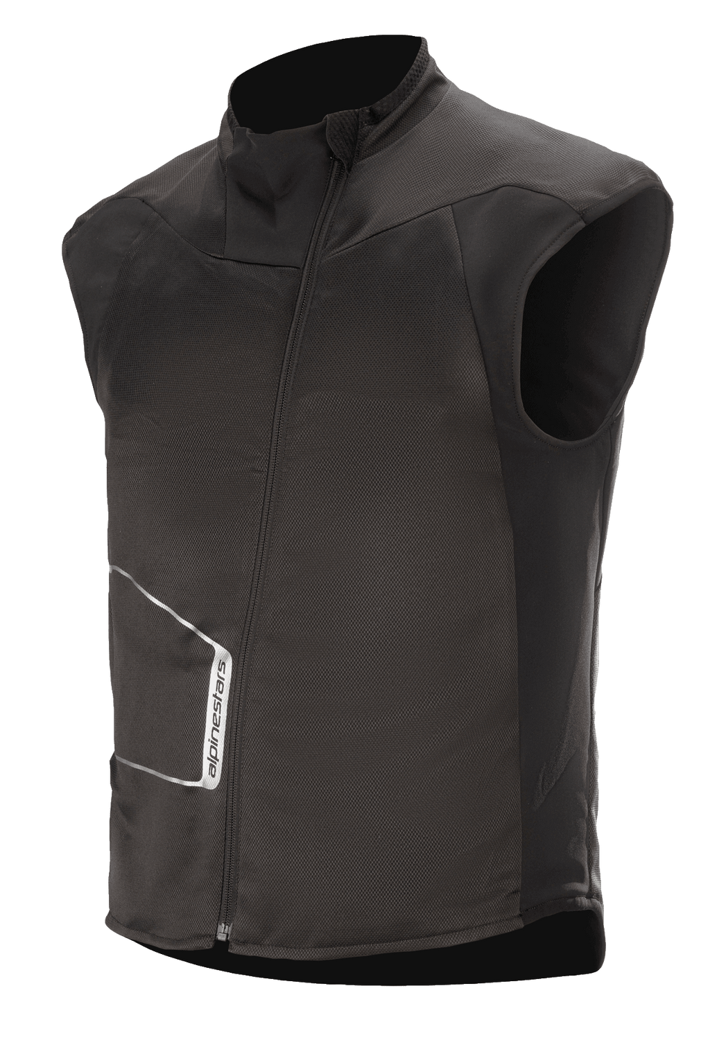 Alpinestars HT Heat Tech Vest, gilet moto chauffant noir sans manches, col montant avec fermeture éclair asymétrique, textile technique avec logo Alpinestars blanc, sous-couche thermique pour l'aventure hivernale et le touring routier