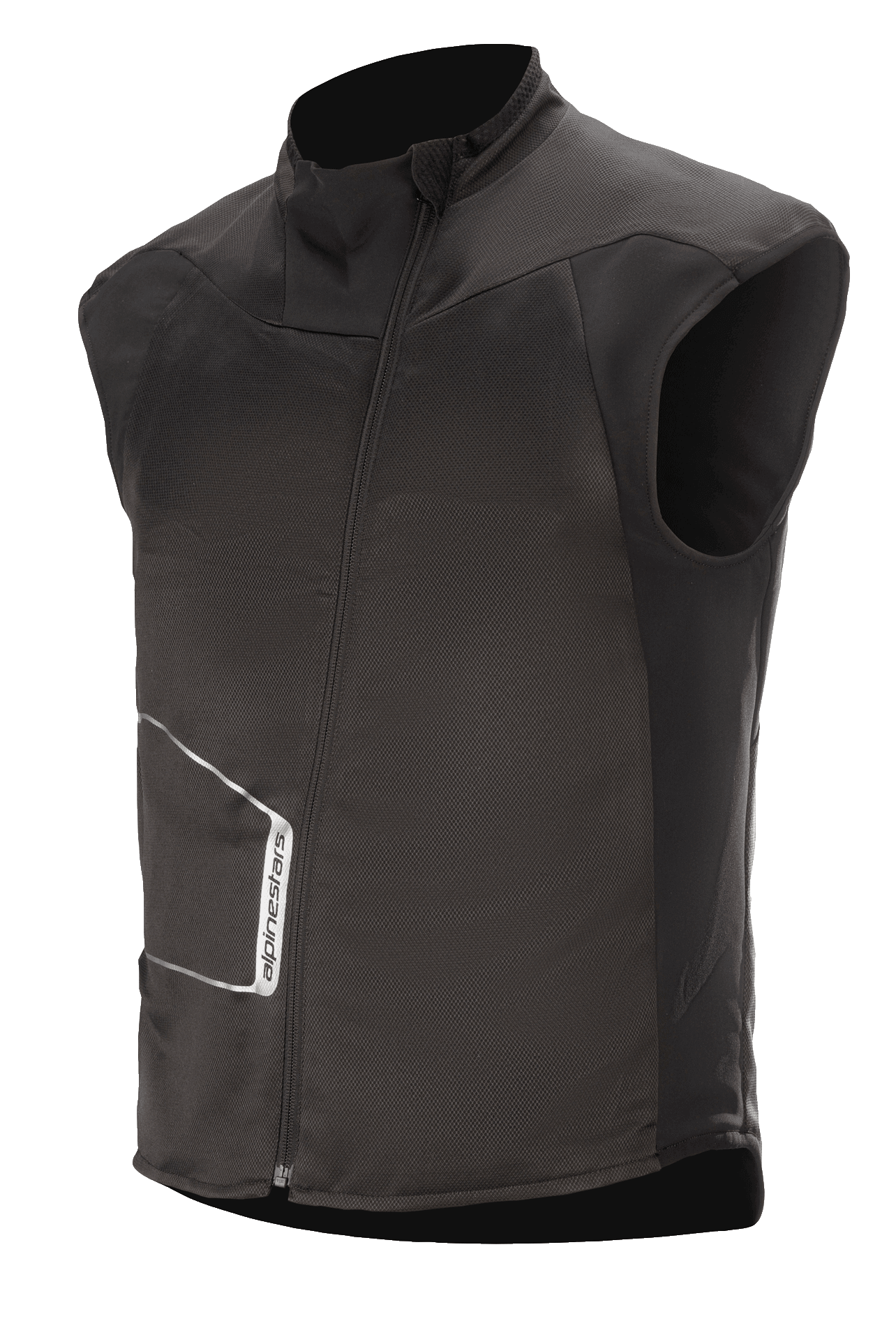 Alpinestars HT Heat Tech Vest, gilet moto chauffant noir sans manches, col montant avec fermeture éclair asymétrique, textile technique avec logo Alpinestars blanc, sous-couche thermique pour l'aventure hivernale et le touring routier