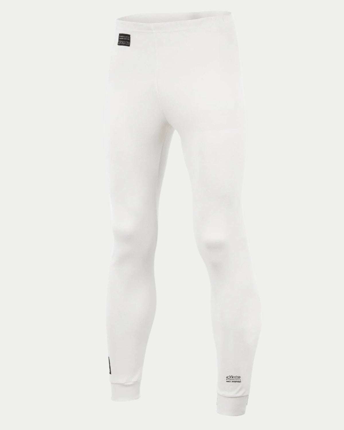 Alpinestars Race Bottom FIA, pantalon de couche de base pour course automobile, blanc, avec étiquette FIA noire sur la hanche et logo sur le bas de la jambe, textile ignifugé léger et respirant pour le sport automobile professionnel