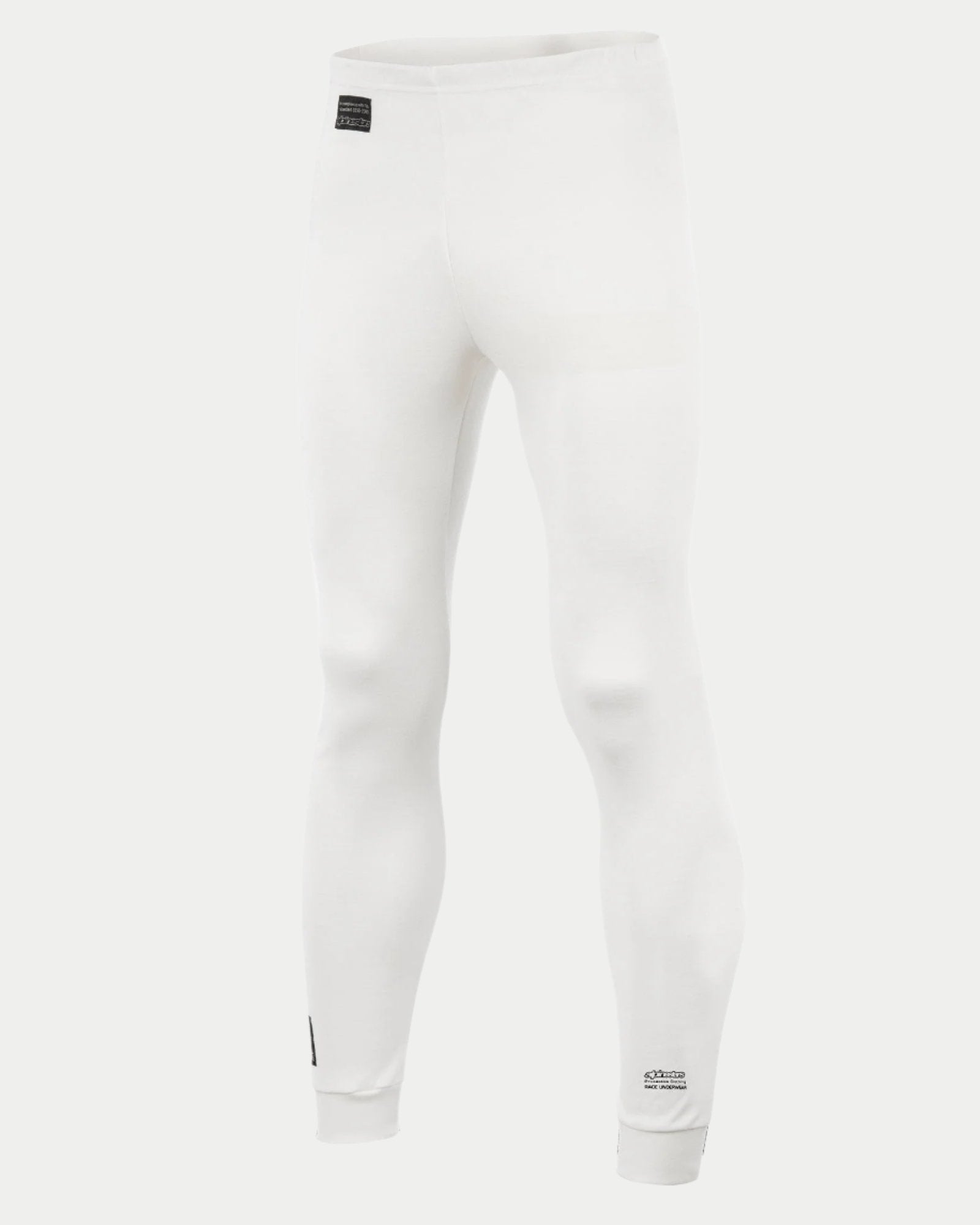 Alpinestars Race Bottom FIA, pantalon de couche de base pour course automobile, blanc, avec étiquette FIA noire sur la hanche et logo sur le bas de la jambe, textile ignifugé léger et respirant pour le sport automobile professionnel