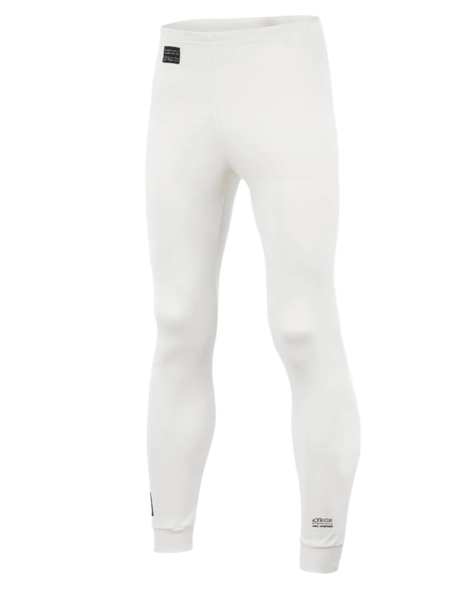 Alpinestars Race Bottom FIA, pantalon de couche de base pour le sport automobile, blanc avec écussons de logo noirs, textile léger et résistant aux flammes, conçu pour être porté sous une combinaison de pilotage