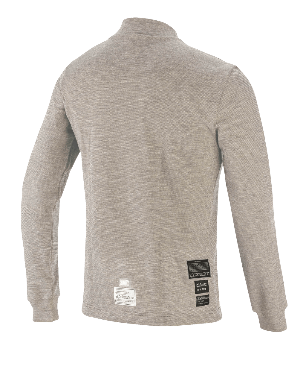 Haut à manches longues Alpinestars Race V3, couche de base pour course automobile, gris chiné, vue de dos avec tissu technique ignifugé et écussons de certification FIA près de l'ourlet