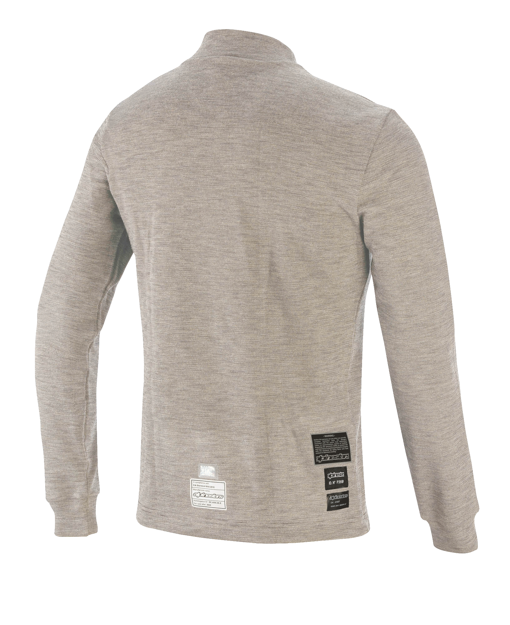 Haut à manches longues Alpinestars Race V3, couche de base pour course automobile, gris chiné, vue de dos avec tissu technique ignifugé et écussons de certification FIA près de l'ourlet