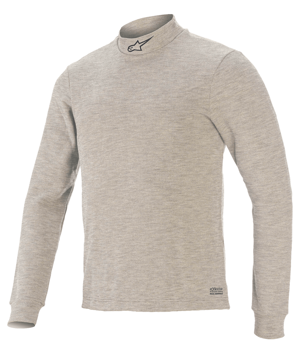 Haut technique Alpinestars Race V3 à manches longues, couche de base pour la course automobile, gris, avec col montant orné d'un logo étoile noir, manches longues, tissu ignifuge texturé et marquage Alpinestars sur l'ourlet