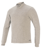 Haut technique Alpinestars Race V3 à manches longues, couche de base pour la course automobile, gris, avec col montant orné d'un logo étoile noir, manches longues, tissu ignifuge texturé et marquage Alpinestars sur l'ourlet