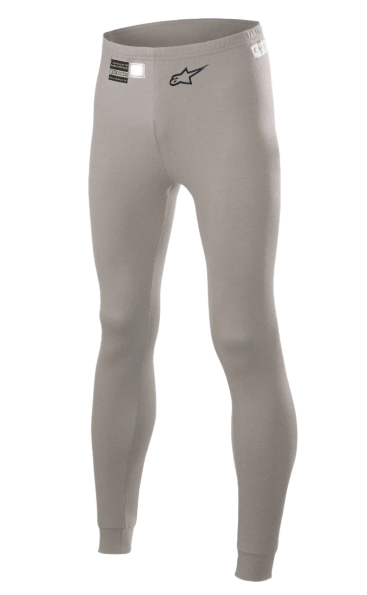 Alpinestars Race V2 Bottom FIA, pantalon de couche de base pour course automobile, gris moyen, avec logo Alpinestars noir et étiquette d'homologation FIA sur la ceinture, coupe ajustée en matériau ignifuge