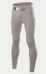 Alpinestars Race V2 Bottom FIA, pantalon de couche de base pour sport automobile, gris moyen, logo étoile noir sur la jambe et étiquette d'homologation FIA à la taille, tissu léger ignifugé avec chevilles resserrées.