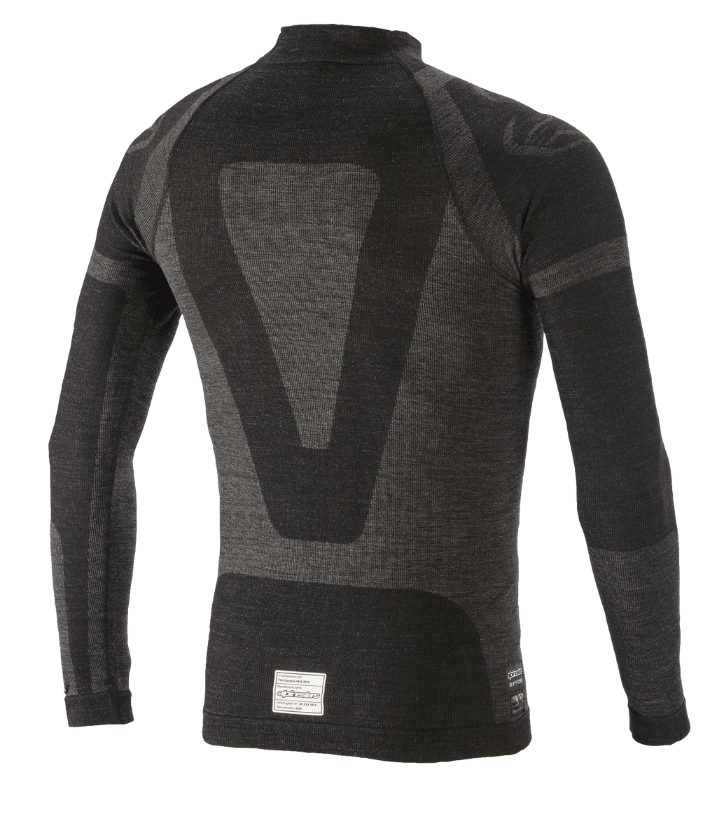 Haut à manches longues Alpinestars ZX Evo V2, sous-vêtement technique pour la course automobile, noir et gris, vue de dos présentant un motif jacquard technique, une construction tubulaire sans couture et une étiquette de certification FIA/SFI à l'ourlet