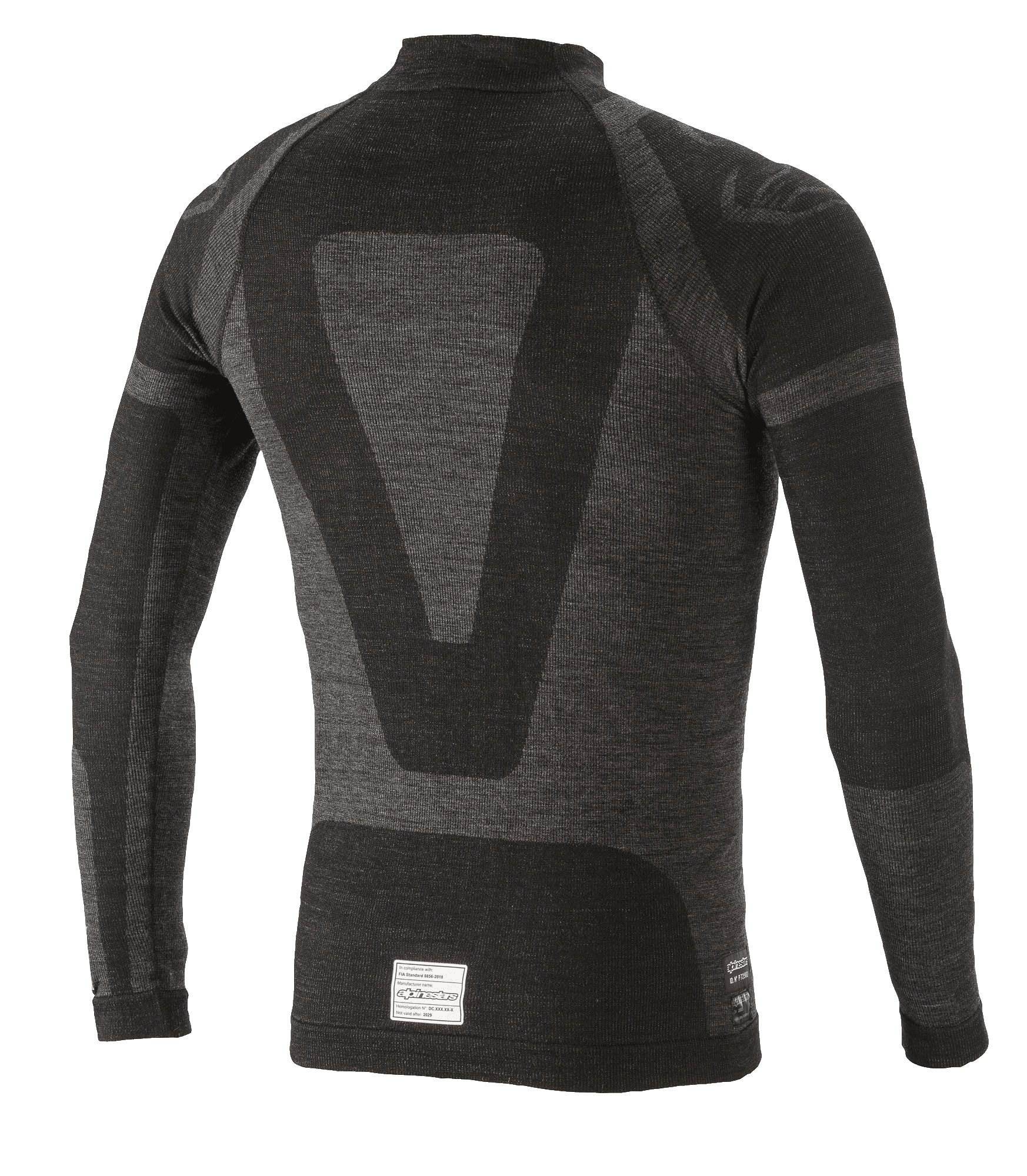 Haut à manches longues Alpinestars ZX Evo V2, sous-vêtement technique pour la course automobile, noir et gris, vue de dos présentant un motif jacquard technique, une construction tubulaire sans couture et une étiquette de certification FIA/SFI à l'ourlet