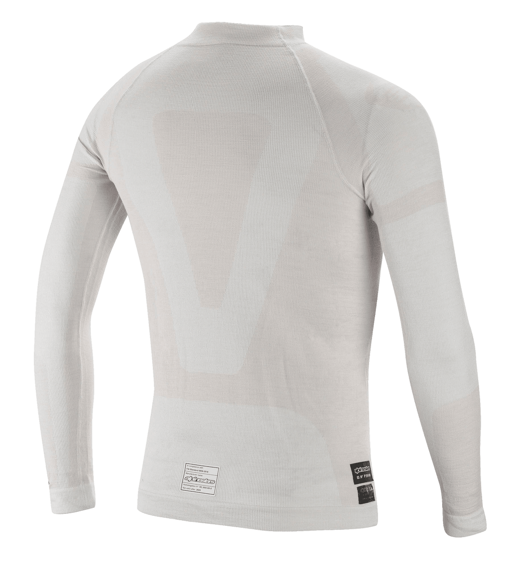 Haut à manches longues Alpinestars ZX Evo V2, sous-vêtement technique pour la course automobile, blanc gris, vue arrière montrant la construction tubulaire légère sans coutures et les étiquettes de certification FIA sur l'ourlet inférieur