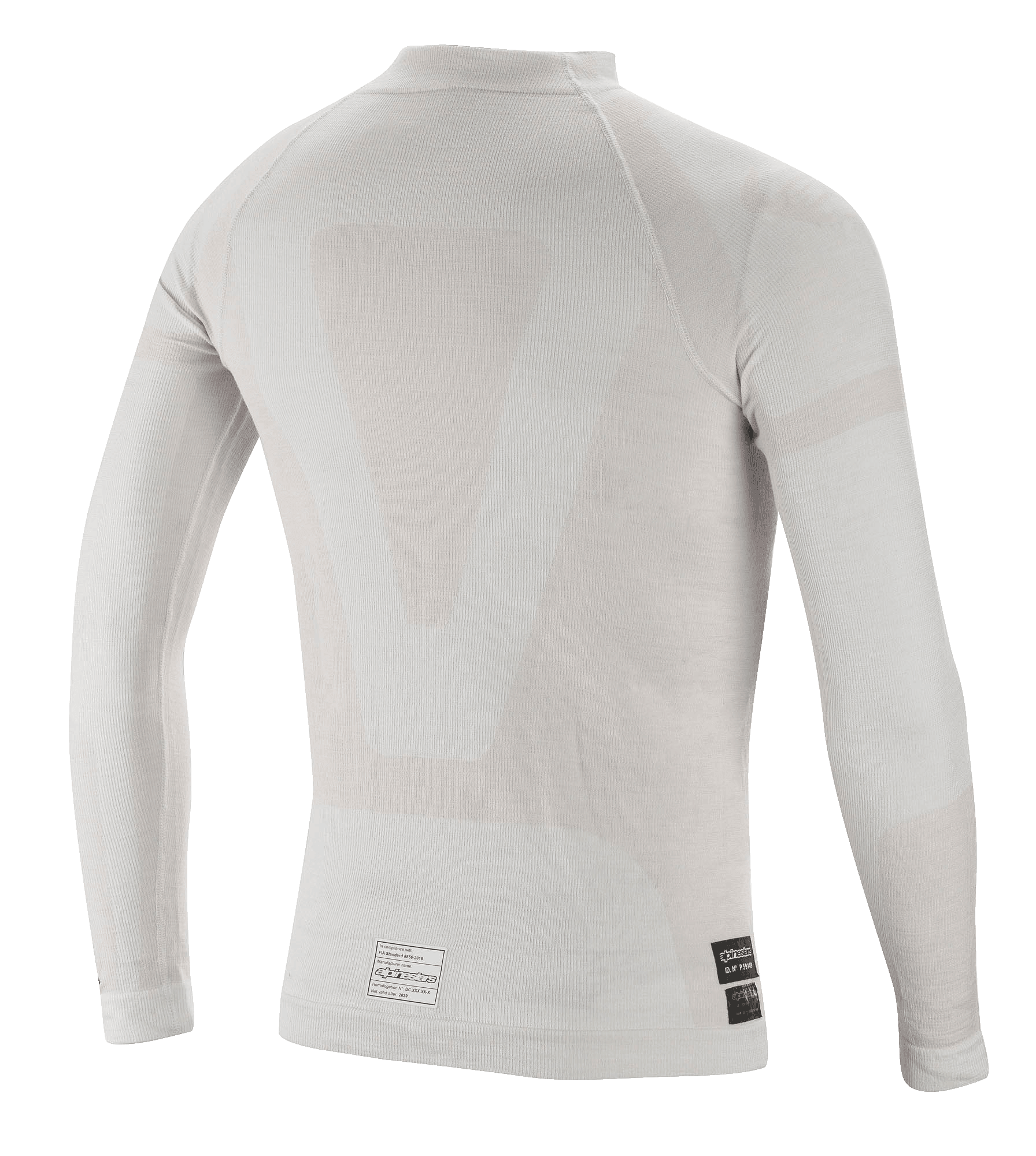 Haut à manches longues Alpinestars ZX Evo V2, sous-vêtement technique pour la course automobile, blanc gris, vue arrière montrant la construction tubulaire légère sans coutures et les étiquettes de certification FIA sur l'ourlet inférieur