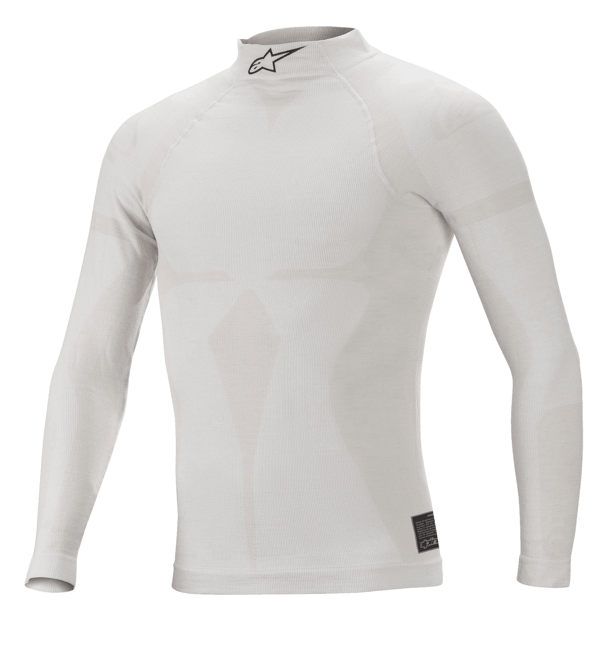 Haut à manches longues Alpinestars ZX Evo V2, blanc et gris, sous-couche de course automobile ignifugée, col montant avec logo Astars noir, construction sans couture avec motif jacquard, sous-vêtement de performance léger et ajusté