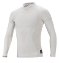 Haut à manches longues Alpinestars ZX Evo V2, blanc et gris, sous-couche de course automobile ignifugée, col montant avec logo Astars noir, construction sans couture avec motif jacquard, sous-vêtement de performance léger et ajusté