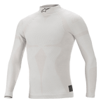 Haut à manches longues Alpinestars ZX Evo V2, blanc et gris, sous-couche de course automobile ignifugée, col montant avec logo Astars noir, construction sans couture avec motif jacquard, sous-vêtement de performance léger et ajusté