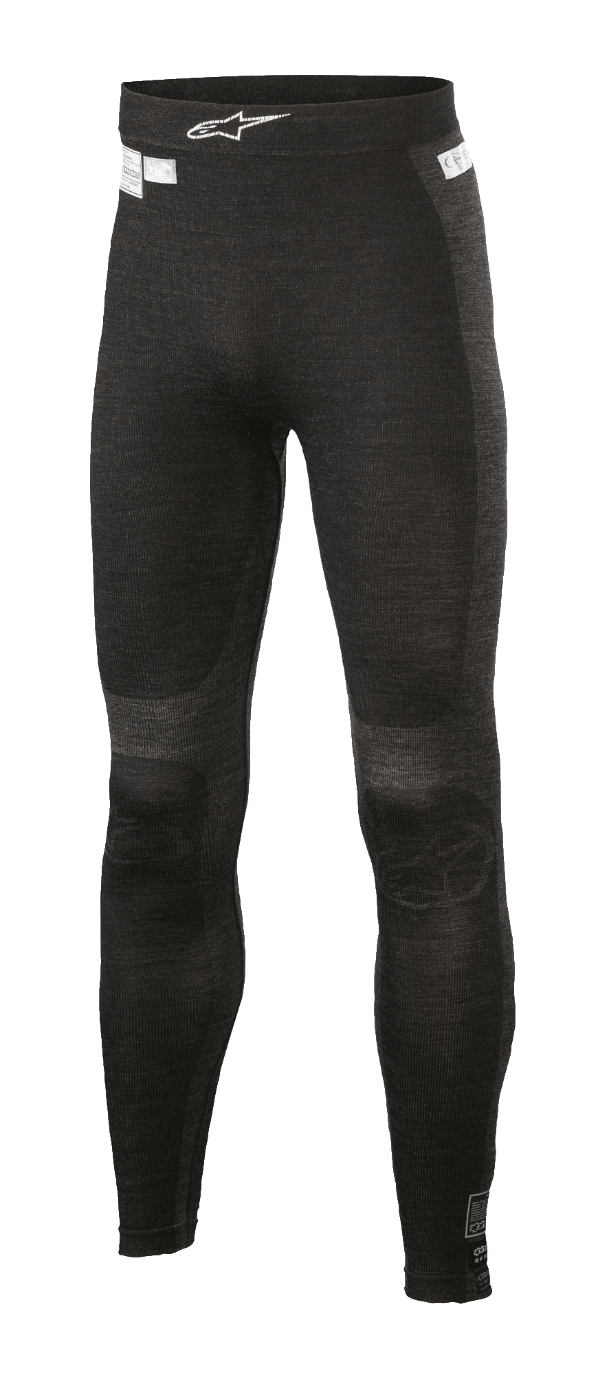 Bas Alpinestars ZX Evo V2, pantalon de sous-couche de course, noir et gris, texture côtelée avec construction sans couture, logo Alpinestars blanc sur la ceinture, équipement de performance ignifugé pour le sport automobile et le karting