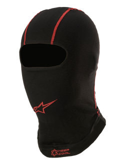Alpinestars KX V2 Balaclava, Summer Under-Helmet Base Layer, Black with Red stitching, red Alpinestars star logo and "KEEP COOL" text, thin breathable fabric for karting and motorsport