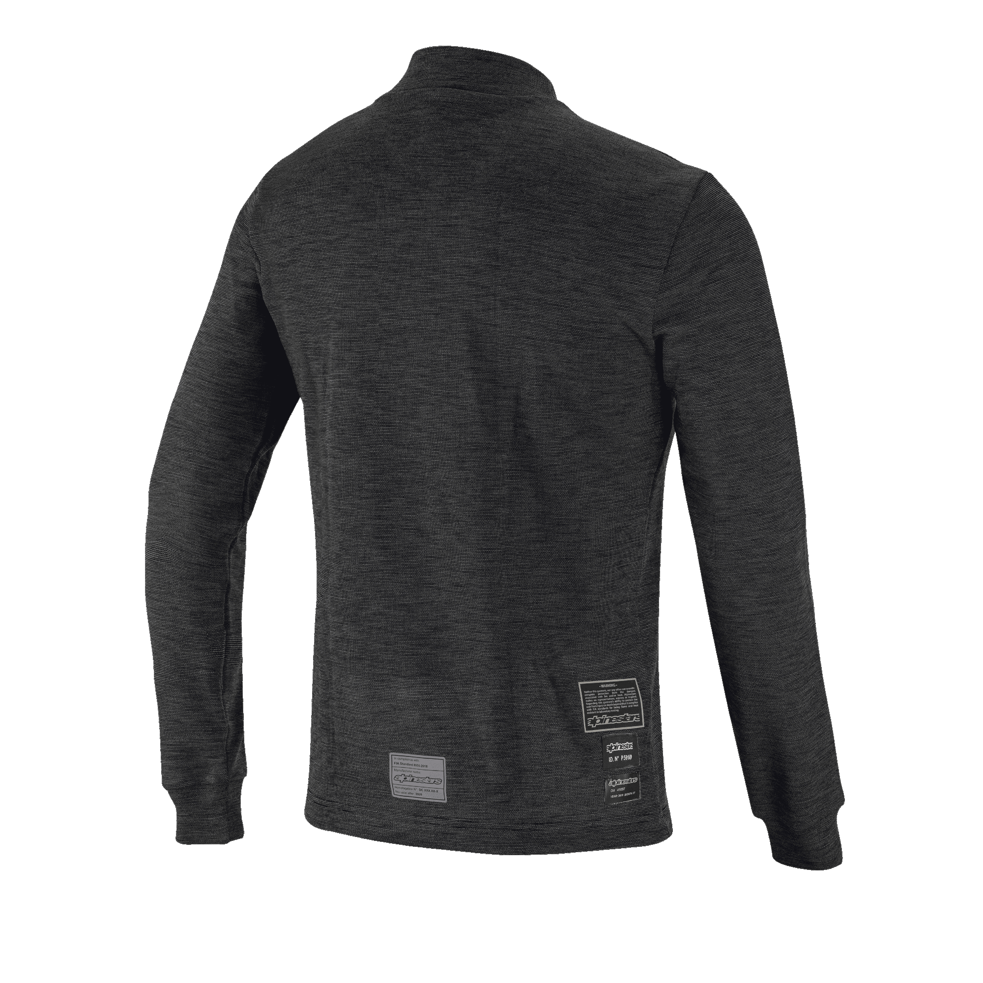 Haut à manches longues Alpinestars Race V3, vue de dos, couche de base ignifuge noire, présentant une conception en maille texturée, des manches longues avec poignets côtelés et des étiquettes d'homologation FIA sur le bas du dos.