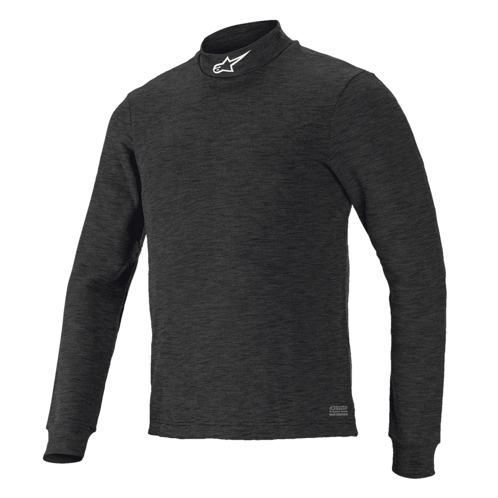 Alpinestars Race V3, haut à manches longues, couche de base noire texturée, col montant avec logo blanc, coupe ajustée, vêtement de performance ignifugé pour sport automobile