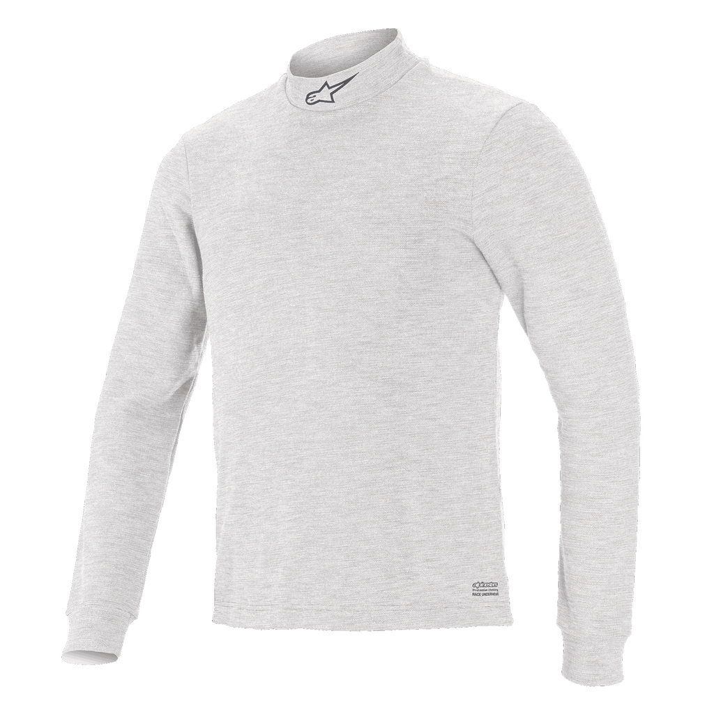Alpinestars Race V3, haut à manches longues, couche de base pour course automobile, blanc, col montant avec petit logo, tissu ignifugé doux au toucher, design athlétique minimaliste