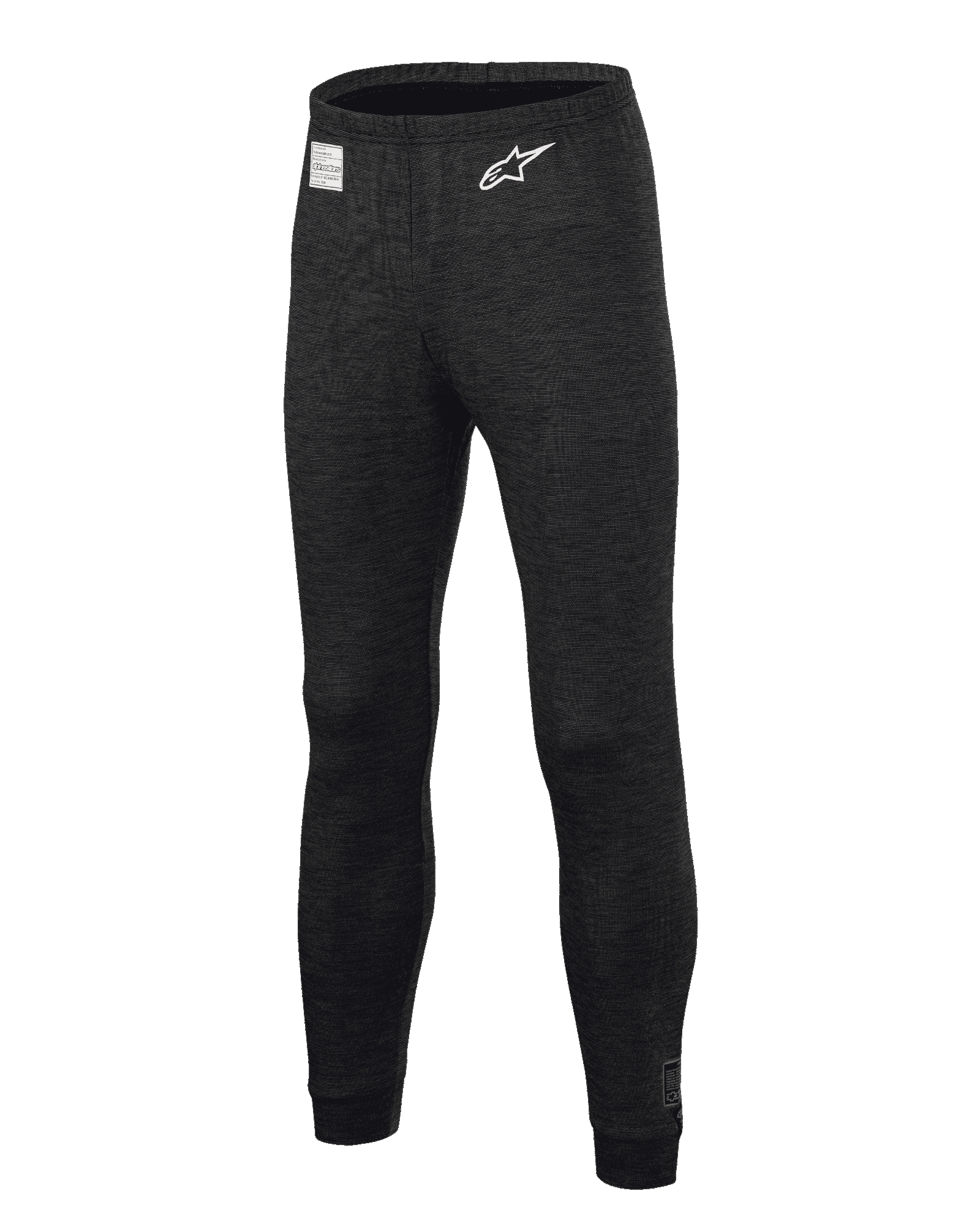 Alpinestars Race V3 Bottom, pantalon de couche de base pour le sport automobile, noir, doté d'un tissu texturé ignifuge, logo étoilé blanc sur la cuisse, étiquette d'homologation FIA sur la ceinture, sous-vêtement technique long pour le sport automobile professionnel