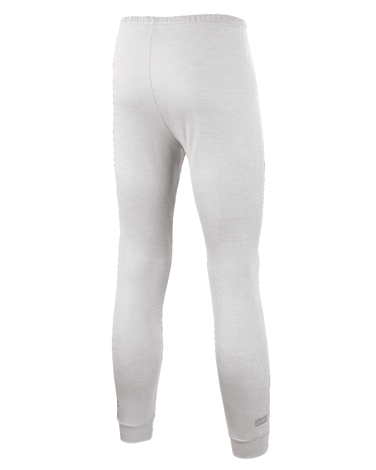 Pantalon Alpinestars Race V3, couche de base pour le sport automobile, blanc, vue de dos montrant le tissu texturé résistant aux flammes, la taille élastique et les chevilles côtelées, conçu pour un usage professionnel en sport automobile