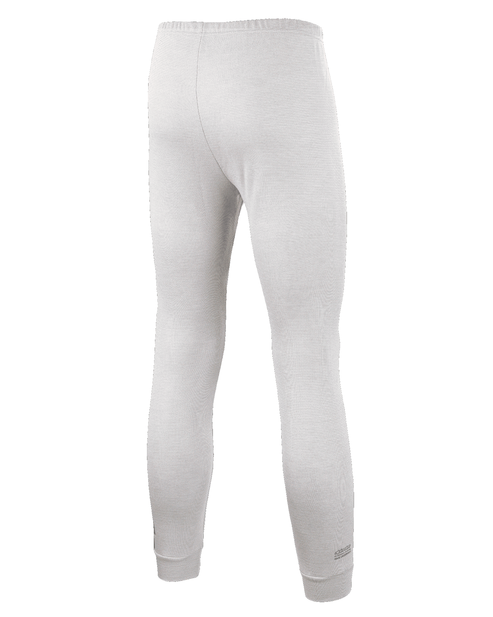 Pantalon Alpinestars Race V3, couche de base pour le sport automobile, blanc, vue de dos montrant le tissu texturé résistant aux flammes, la taille élastique et les chevilles côtelées, conçu pour un usage professionnel en sport automobile