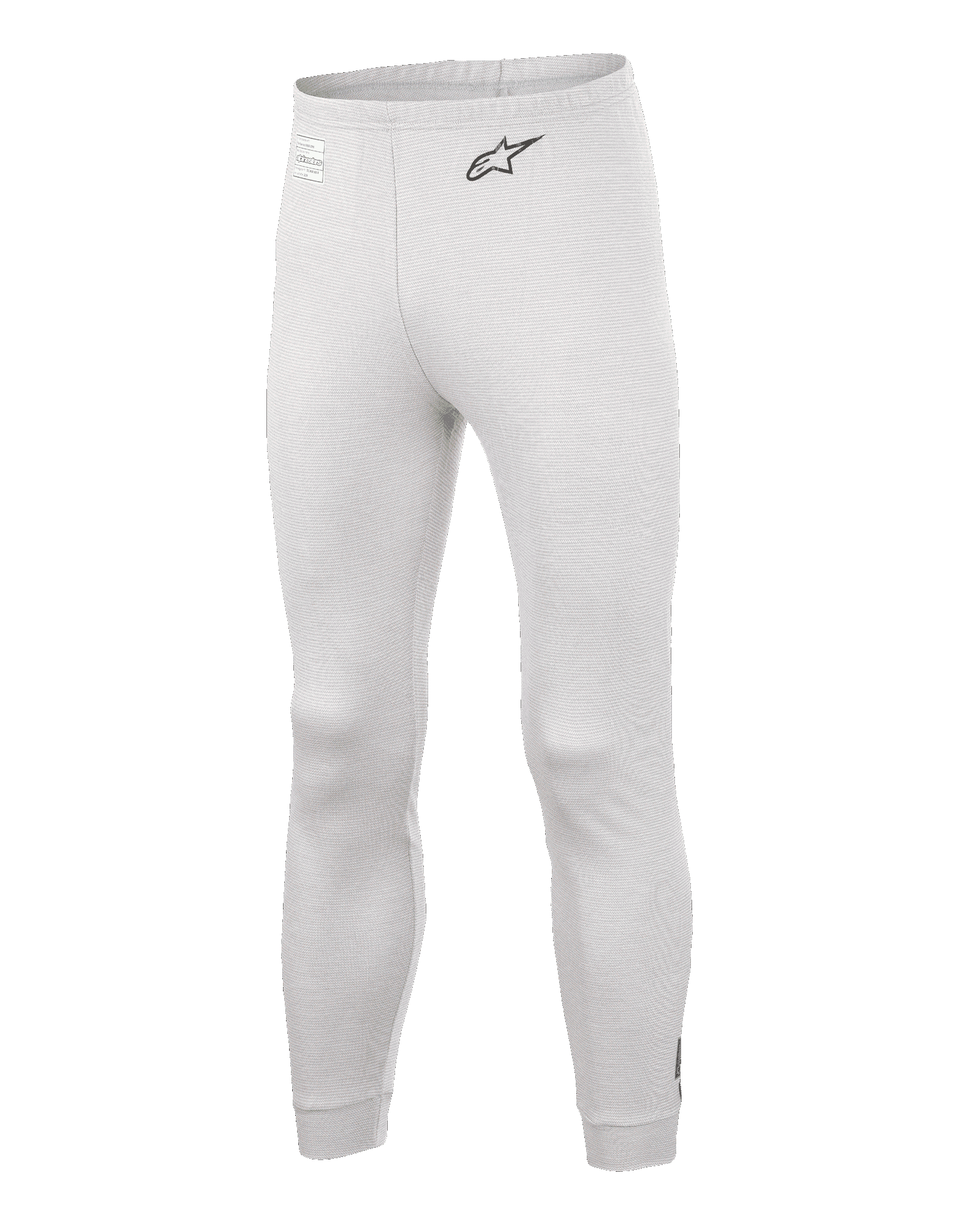Alpinestars Race V3 Bottom, pantalon de sous-couche pour sport automobile, blanc, matériau texturé ignifugé, logo A-star noir sur la hanche, chevilles et taille côtelées, sous-couche technique légère