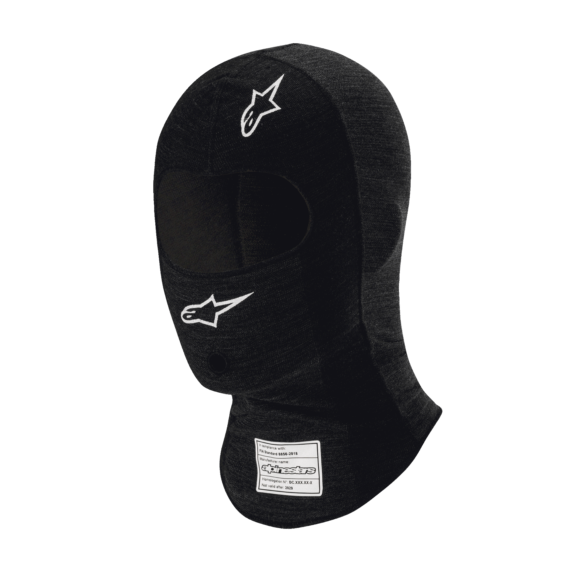 Alpinestars Race V3 Balaclava, cagoule de course automobile noire ignifugée, logos étoiles blanches sur le front et la joue, étiquette d'homologation FIA sur le cou, tissu technique léger avec ouverture pour les yeux pour la protection de la tête en sport automobile