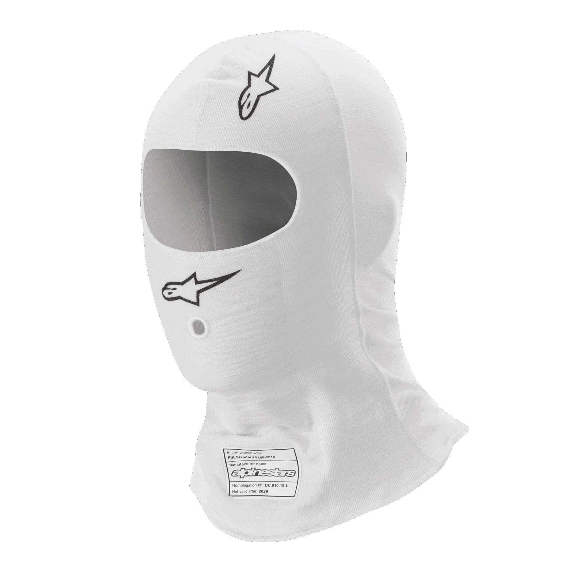 Cagoule Alpinestars Race V3, blanche, cagoule de sport automobile, avec logos Alpinestars noirs, large ouverture ovale pour les yeux et étiquette d'homologation FIA 8856-2018, tissu léger résistant aux flammes.