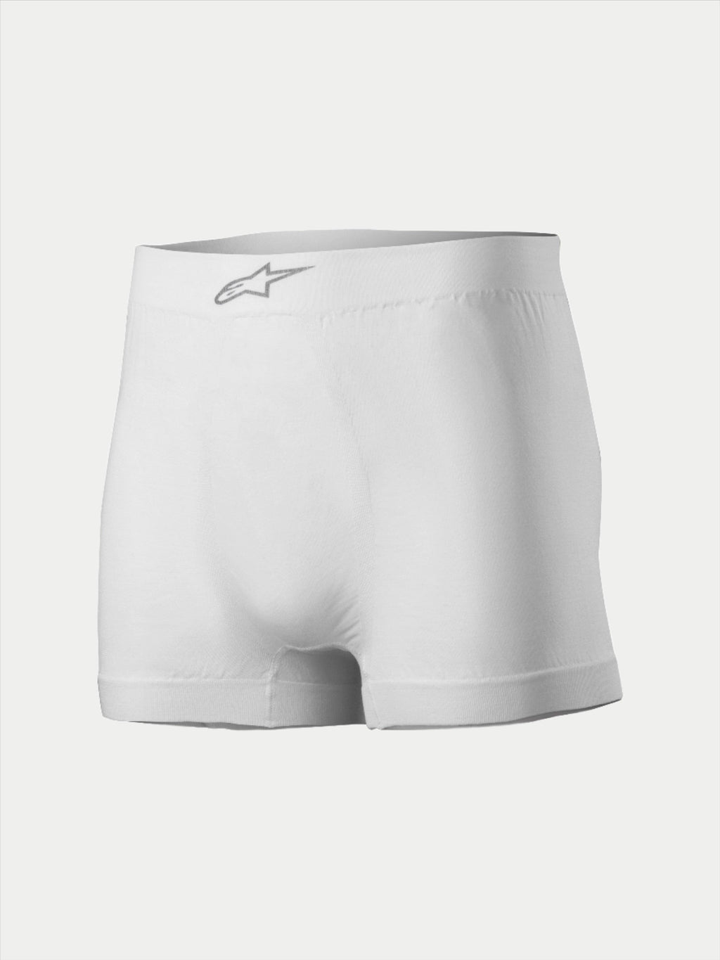 Alpinestars TECH ZX Boxer, sous-vêtement de course automobile, blanc, avec un logo Alpinestars argenté sur la ceinture, tissu ignifuge léger, couche de base pour le sport automobile