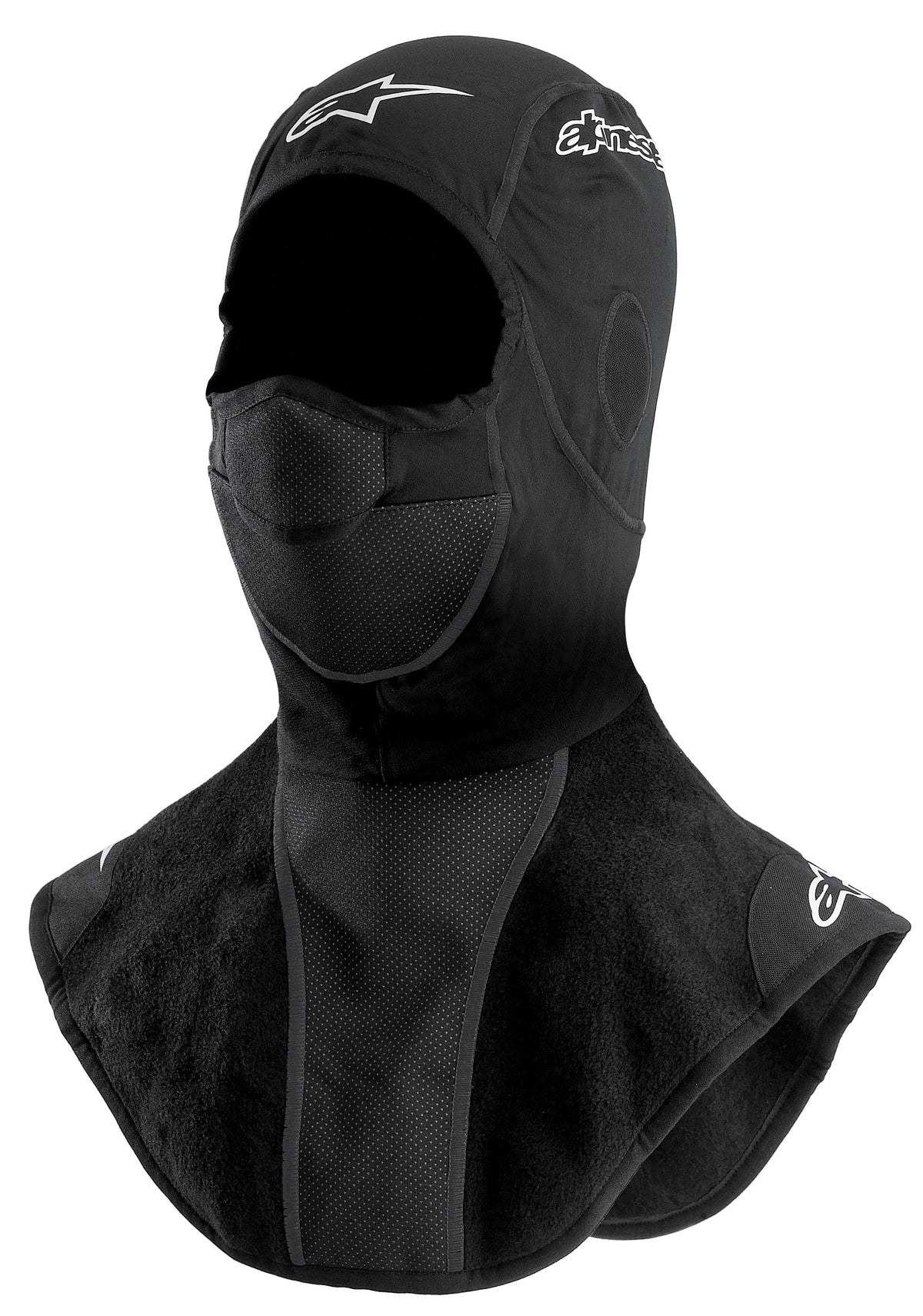Alpinestars Winter Balaclava, Motorcycle Cold Weather Riding Balaclava, Black, featuring extended neck and chest fleece bib, breathable perforated mouth panel, and white printed logo details.