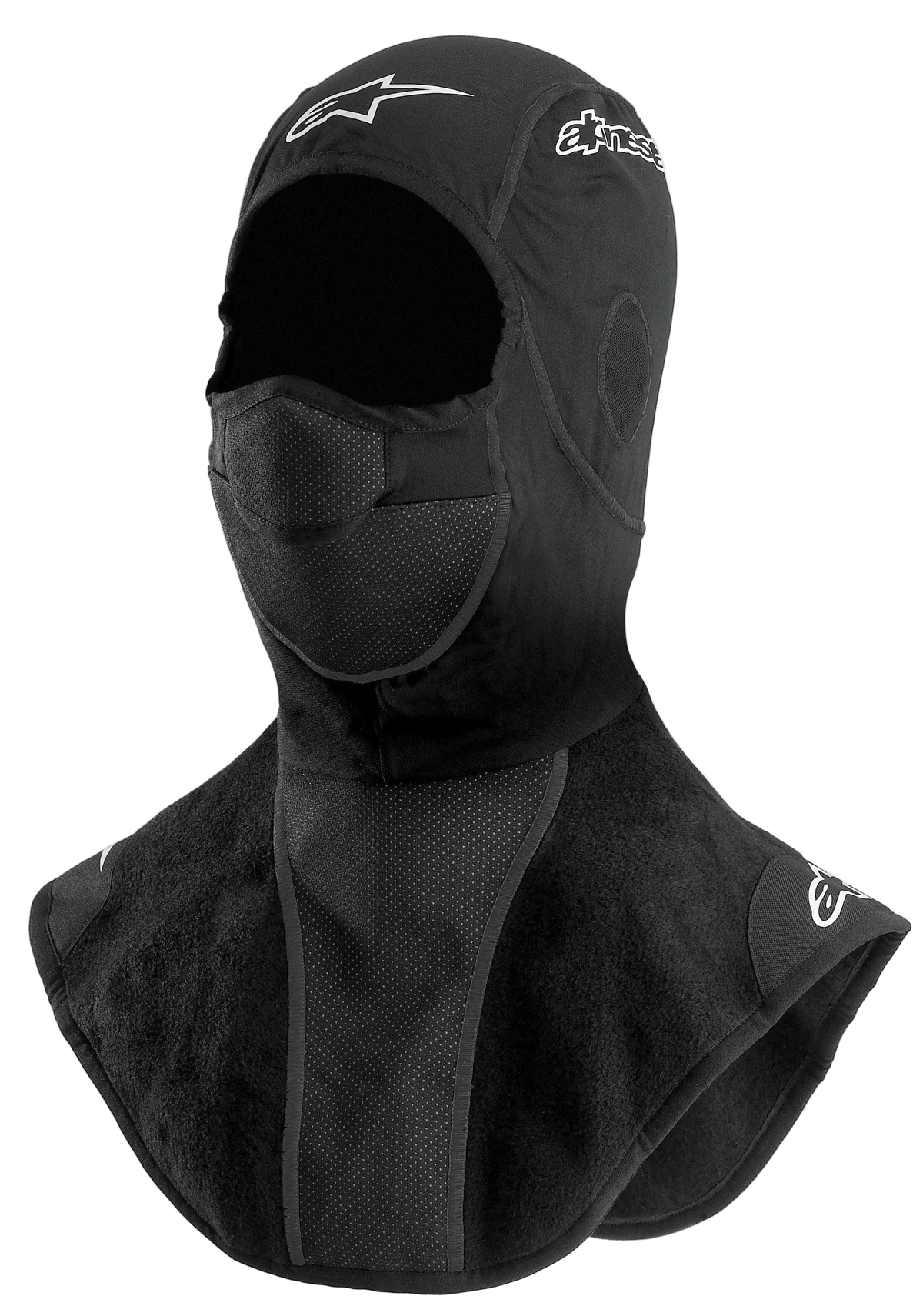 Alpinestars Cagoule d’hiver, cagoule moto pour temps froid, noire avec bavette imperméable et coupe-vent, panneau perforé respirant et logos imprimés blancs