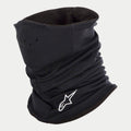Alpinestars Tech Neck Warmer, Black, motorcycle neck gaiter with fleece lining, featuring a white embroidered Alpinestars logo, small air holes for breathability, and elasticated construction for wind protection