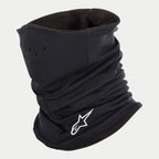 Alpinestars Tech Neck Warmer, Black, motorcycle neck gaiter with fleece lining, featuring a white embroidered Alpinestars logo, small air holes for breathability, and elasticated construction for wind protection