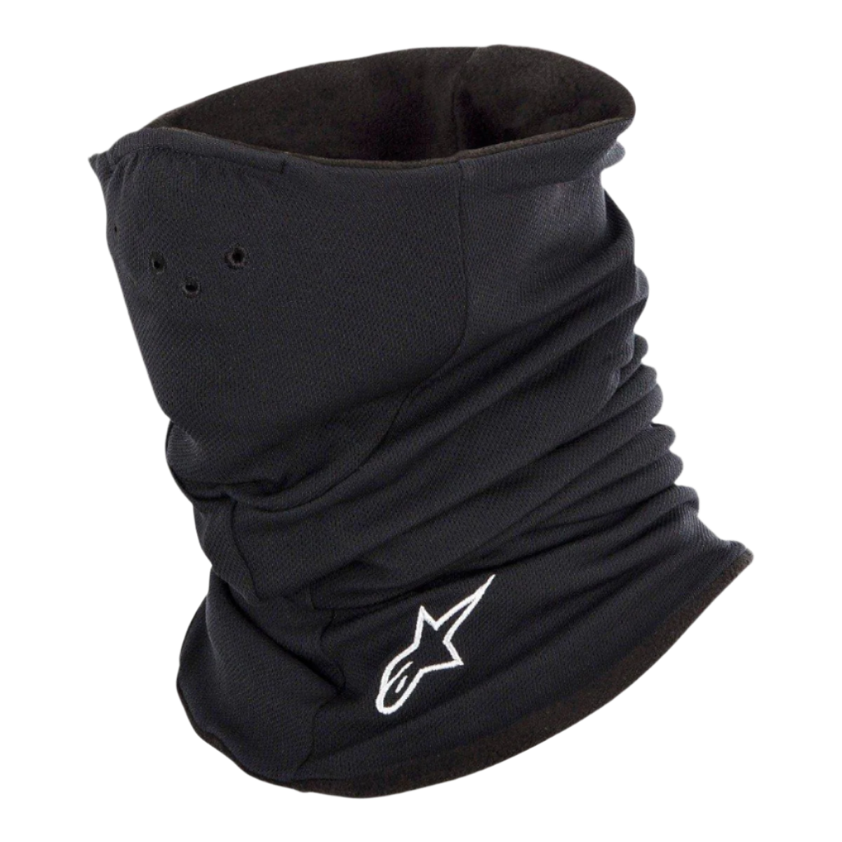 Alpinestars Tech Neck Warmer en Noir, cache-cou de moto avec logo blanc brodé, doté de trous d'aération et d'une doublure en polaire double couche pour une protection thermique et une résistance au vent froid.
