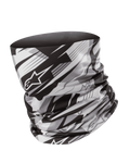 Alpinestars Neck Tube, cache-cou de moto, noir et gris, motif géométrique flou avec logo étoile Alpinestars, tissu léger et soyeux, couche de base sans couture pour une protection contre le vent