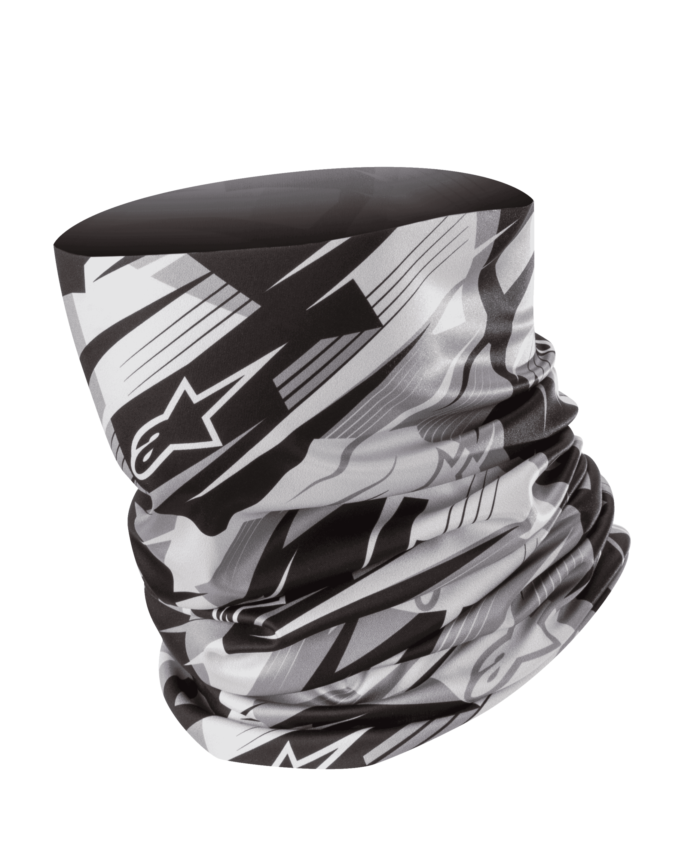 Alpinestars Neck Tube, cache-cou de moto, noir et gris, motif géométrique flou avec logo étoile Alpinestars, tissu léger et soyeux, couche de base sans couture pour une protection contre le vent