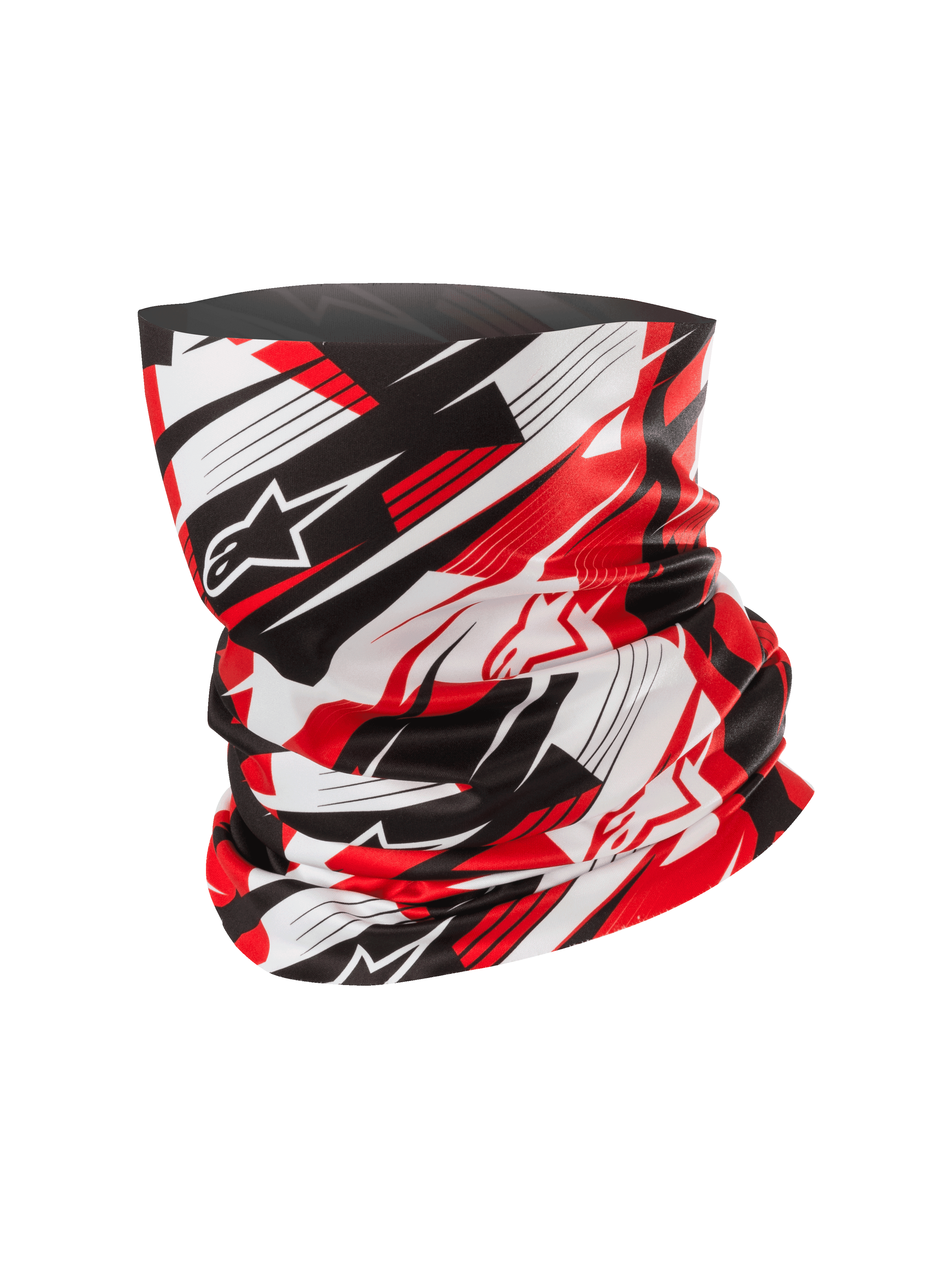 Alpinestars Neck Tube, tour de cou pour moto, rouge, noir et blanc, motif abstrait dynamique avec des lignes floues et des logos étoiles, tissu léger au toucher soyeux, accessoire pour la moto et les activités de plein air
