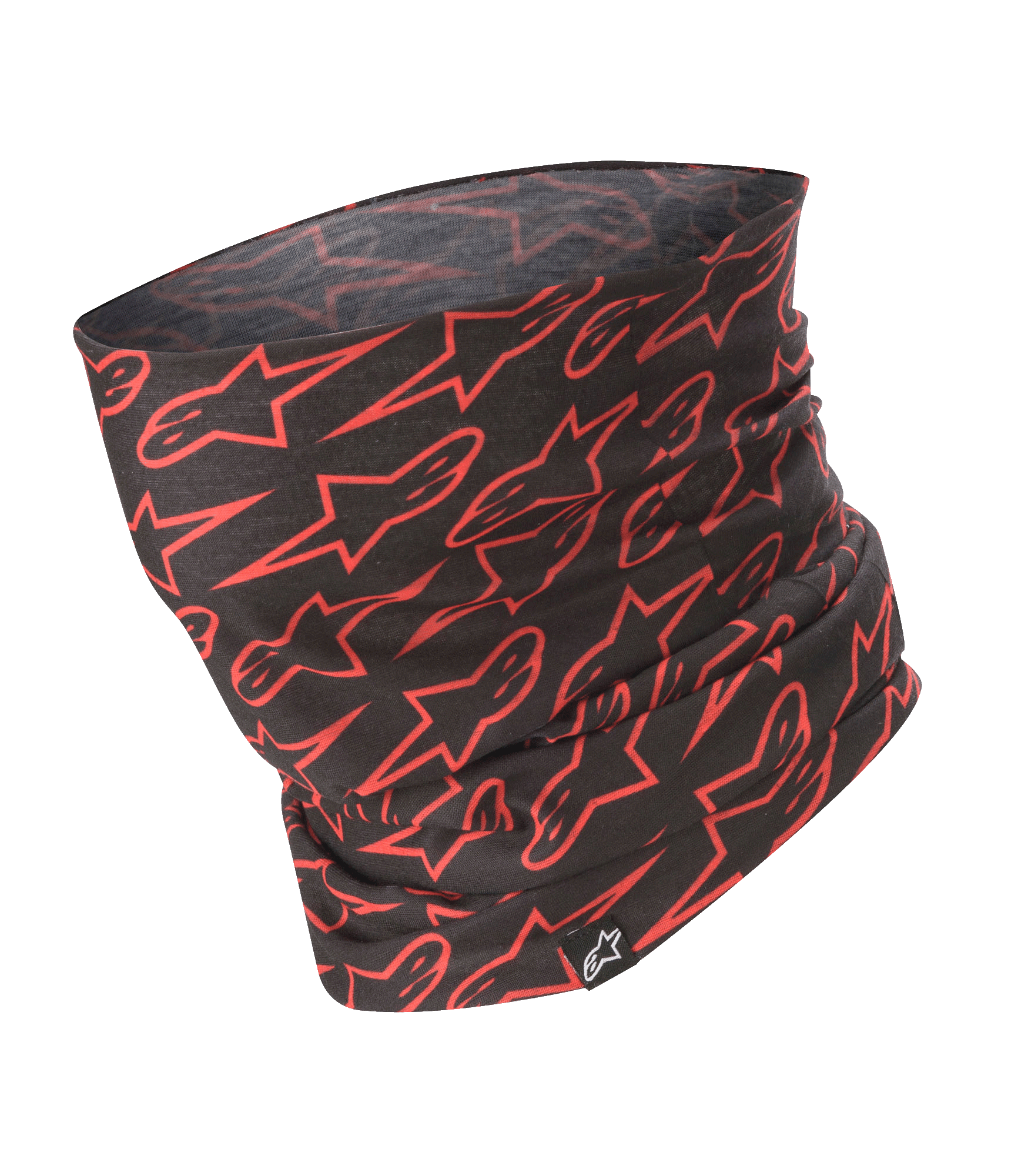 Alpinestars Neck Tube, tour de cou moto, noir avec motifs de logos d'étoiles rouges, tissu léger et soyeux, accessoire de couche de base pour la conduite