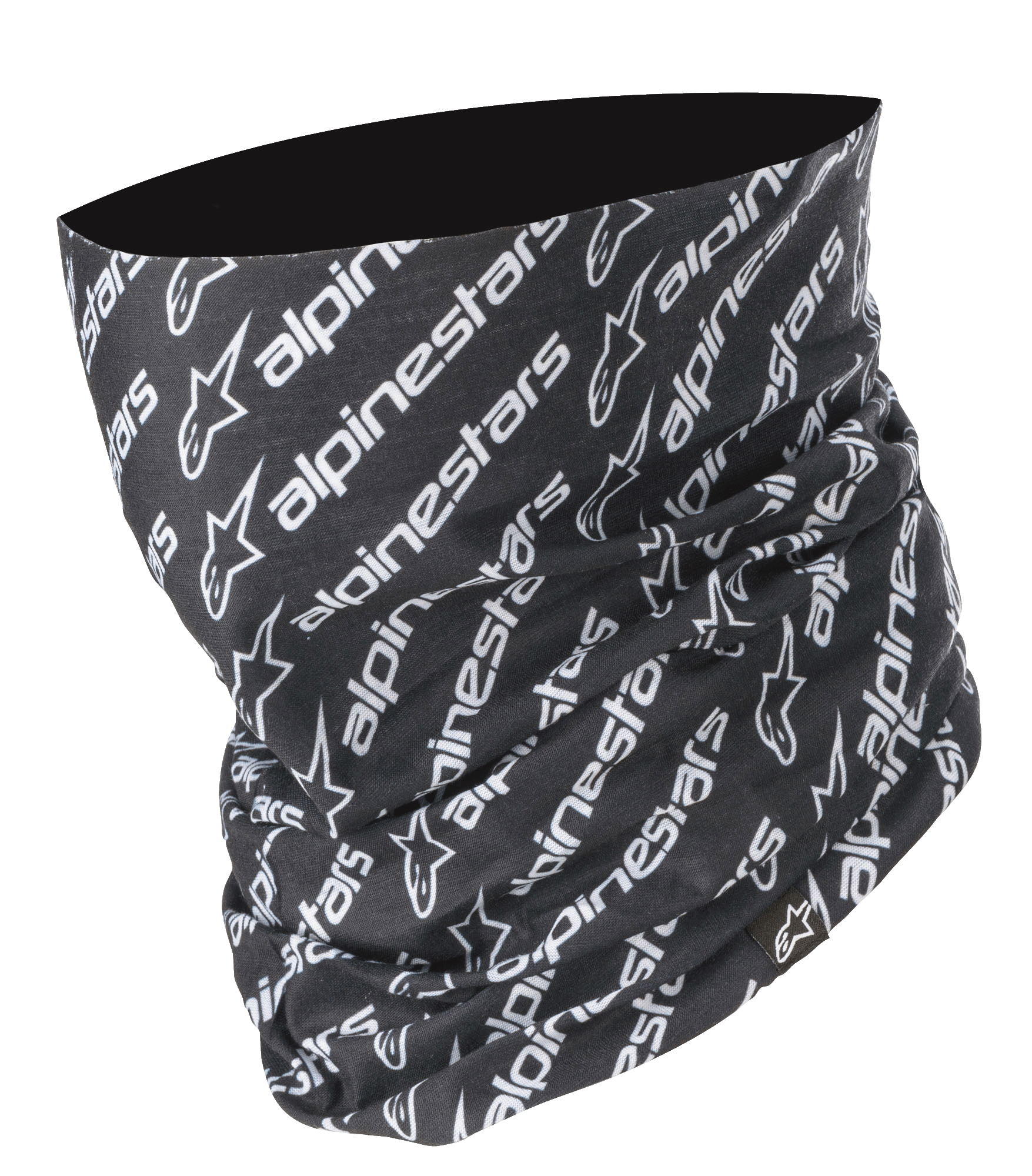 Alpinestars Linear Neck Tube, cache-cou de moto, noir et blanc, motifs de logos et texte Alpinestars répétés en diagonale, construction en microfibre sans couture, couche de base légère pour la route