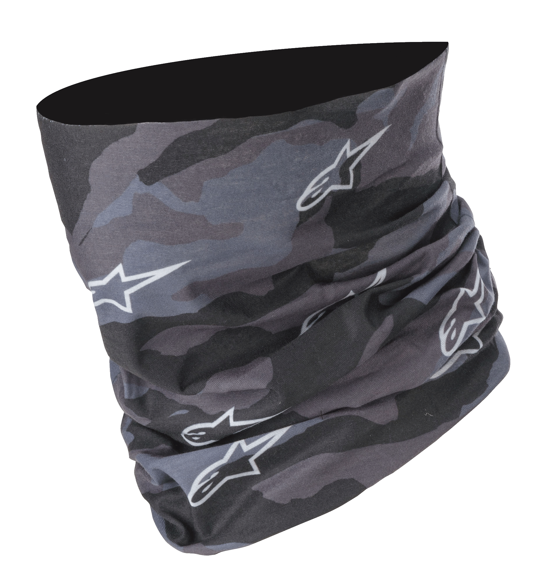 Alpinestars Tactical Neck Tube en Black Tar Gray, motif camouflage numérique avec logos étoiles blancs, construction en microfibre sans coutures, tour de cou moto polyvalent et protection de couche de base