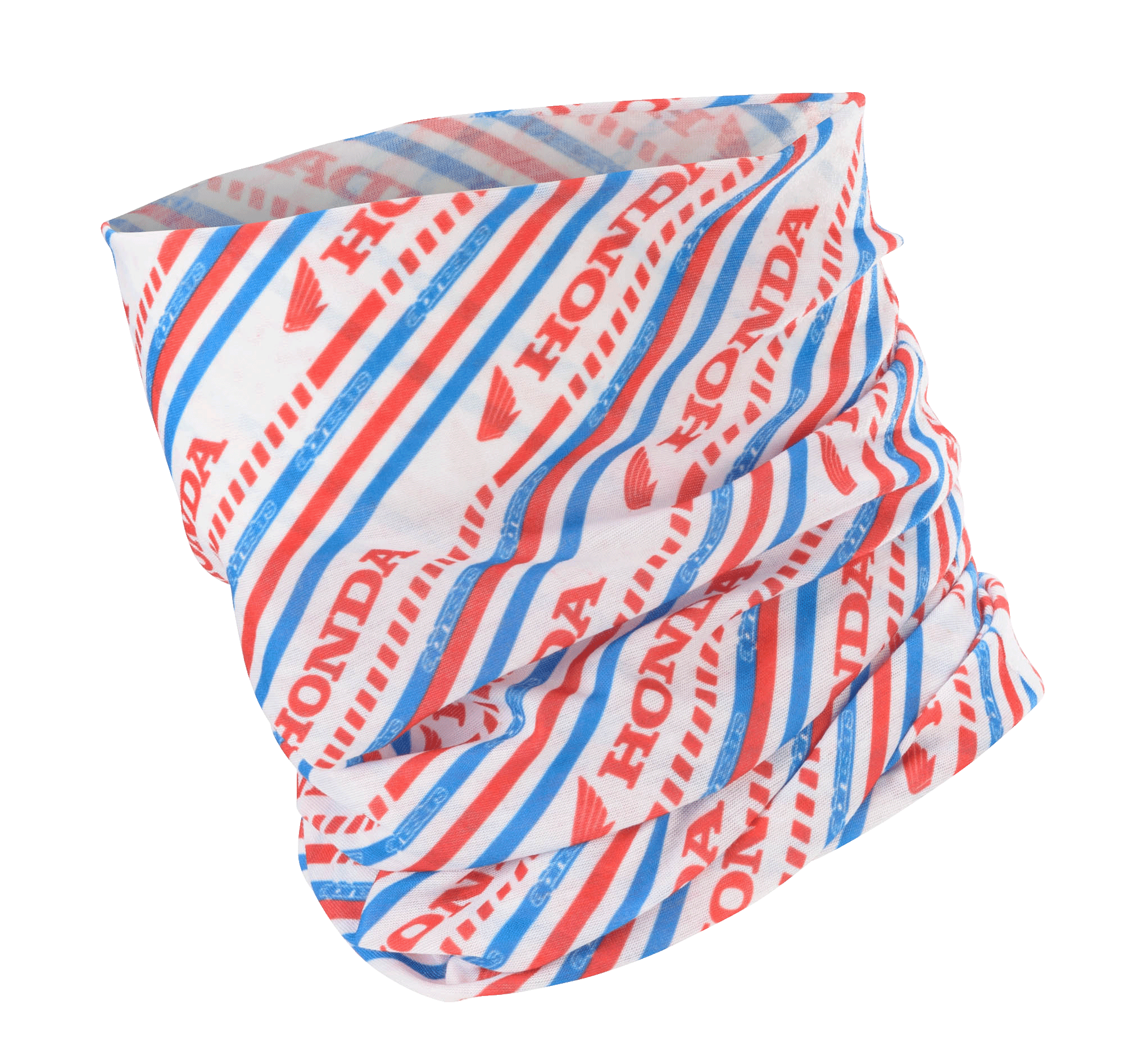 Alpinestars Honda Neck Tube, tour de cou de moto, blanc, rouge et bleu, avec rayures diagonales et logos Honda et Alpinestars, tissu léger et soyeux pour rouler au printemps et en été