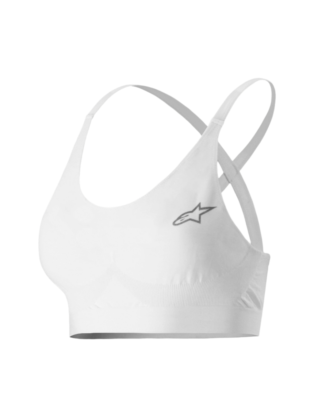Brassière Alpinestars Stella TECH ZX, sous-vêtement technique de sport automobile pour femme, blanche, avec un petit logo étoile gris, tissu LENZING™ FR léger et résistant aux flammes, fines bretelles et bande de maintien pour la performance en course automobile professionnelle
