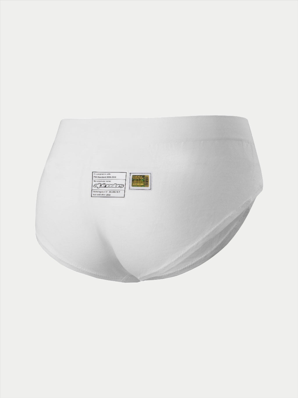 Culotte Alpinestars Stella TECH ZX, sous-vêtement de course pour femme, blanc, vue arrière avec étiquettes de certification FIA 8856-2018 et logo Alpinestars, couche de base légère et résistante aux flammes pour le sport automobile