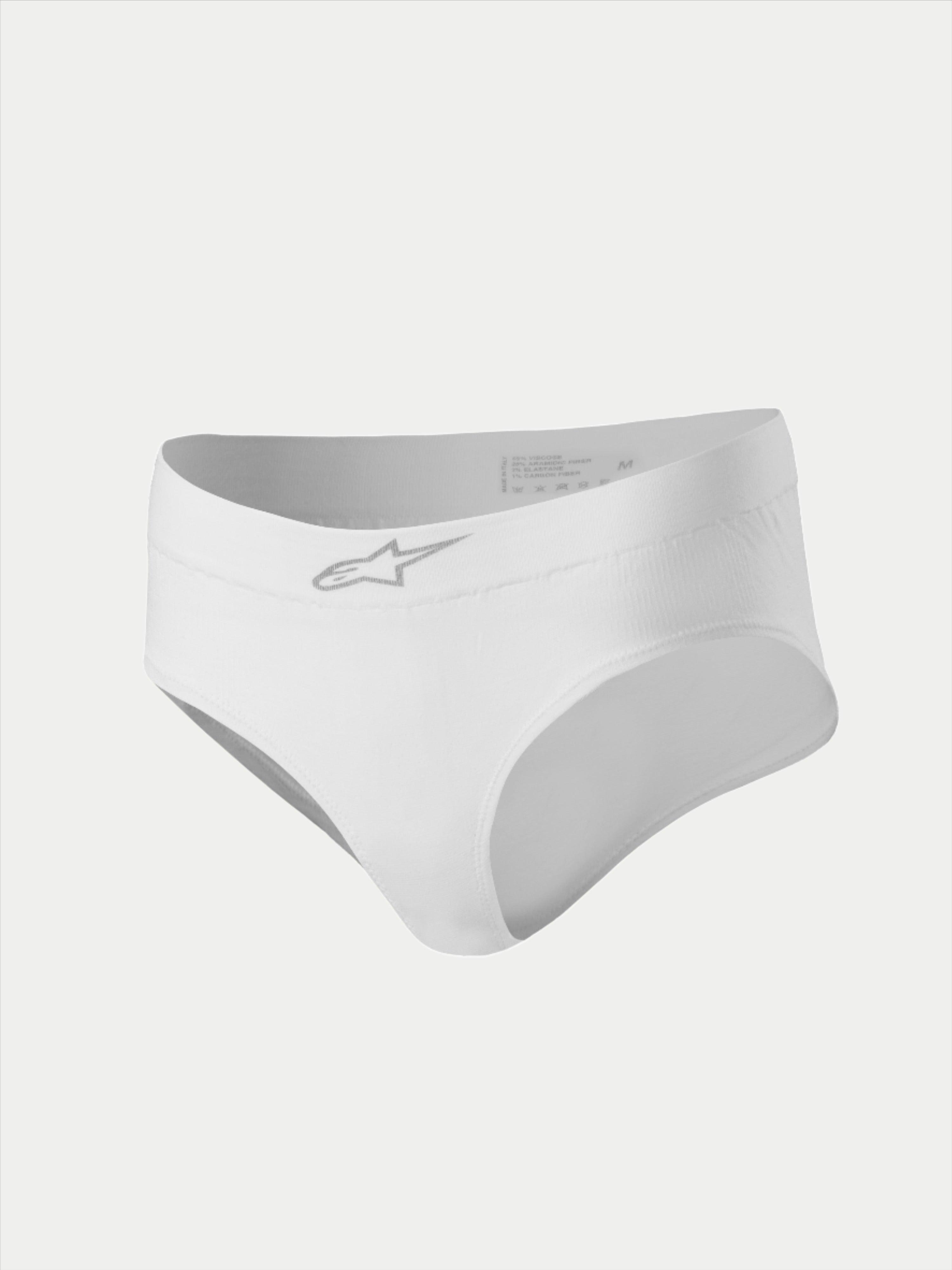 Slip Alpinestars Stella TECH ZX, sous-vêtement de course pour femme, blanc, avec logo étoile argenté sur la ceinture, couche de base ignifugée certifiée FIA 8856-2018, équipement technique de sport automobile
