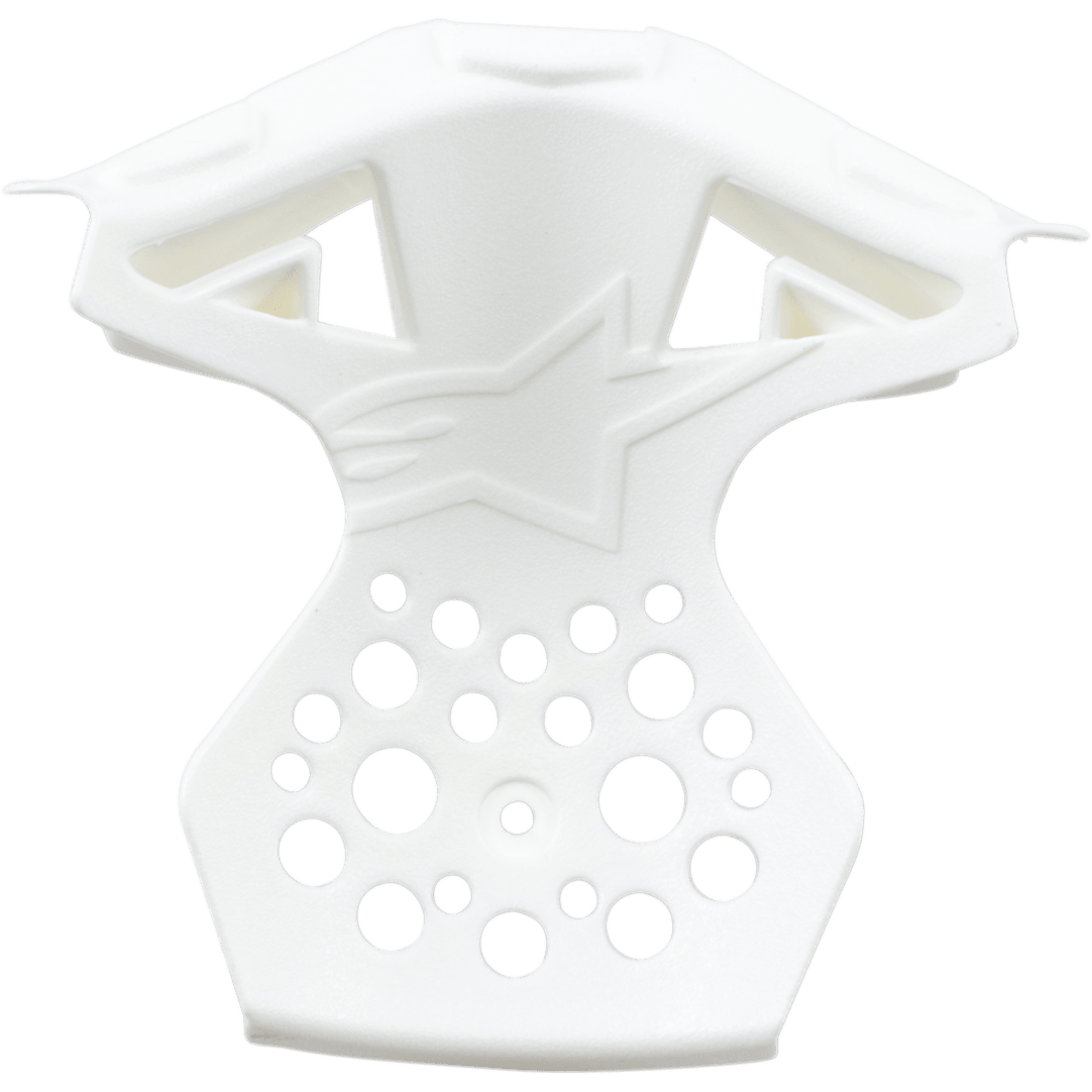 Alpinestars Supertech M10/M8 Helmet Chin Vent Frame, White, plastic replacement part featuring an embossed star logo, multiple circular ventilation holes, and angular design for motocross helmet chin bar ventilation.