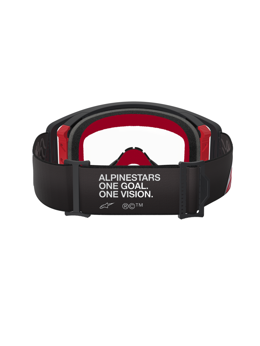 Masque Alpinestars Supertech Corp, masque de motocross, noir et rouge avec écran clair, vue arrière montrant le large bandeau noir avec l'inscription blanche 'ALPINESTARS ONE GOAL. ONE VISION.', mousse faciale multicouche et détails de monture rouges